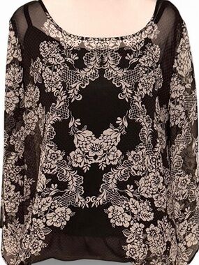 Valerie Stevens Black White Sheer Floral Blouse Boho Whimsigoth Top Size large